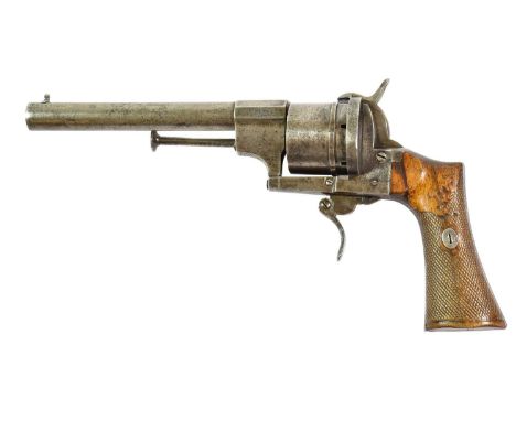 A 19th Century French 11mm Six Shot Double Action Pinfire Revolver by F Lefaucheux, the 15.5cm round sighted barrel stamped t