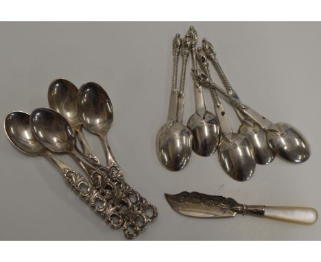 SET OF 6 WHITE METAL APOSTLE SPOONS WITH UNUSUAL HALLMARKS, 5 ART NOUVEAU STYLE SPOONS &amp; SILVER BLADED KNIFE WITH MOTHER 