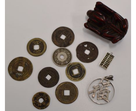 VARIOUS OLD CHINESE COINS, CHINESE SILVER PENDANT, CHINESE SILVER MINIATURE ABACUS &amp; ORIENTAL DOUBLE SIDED NETSUKE     