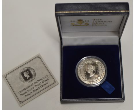 ELIZABETH II ISLE OF MAN SILVER PROOF CROWN TO COMMEMORATE THE PENNY BLACK STAMP, STRUCK IN PEARL BLACK SILVER     