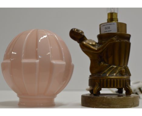 AN ART DECO COLD PAINTED FIGURINE TABLE LAMP WITH PINK GLASS SHADE     