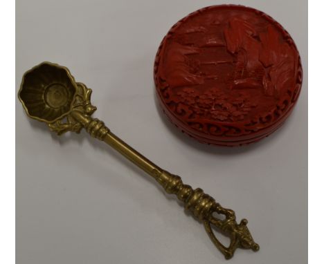 CHINESE CINNABAR STYLE LIDDED BOX &amp; ORIENTAL BRASS CADDY SPOON     