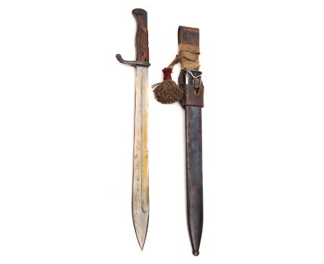 A Seitengewehr M1898/05 bayonet, with flash guard, in scabbard, with leather frog; and a lace knot and tassel. GC (minor dent