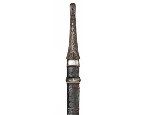 A 19th cent Omani Arab sword kattara, broad DE blade 32”, with rounded tip and 3 short fullers at forte, tapering, cord bound