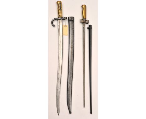 A Chassepot bayonet, d 1873, in matching scabbard, no M27557, GC, and a Lebel bayonet, in matching scabbard, no K67761, VGC .