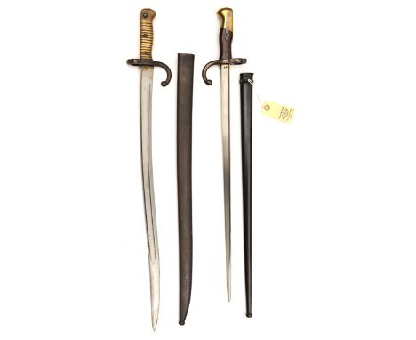 A Chassepot bayonet, d 1874, in scabbard, GC, and a Lebel bayonet, in matching scabbard, no P31178, VGC .  (2)