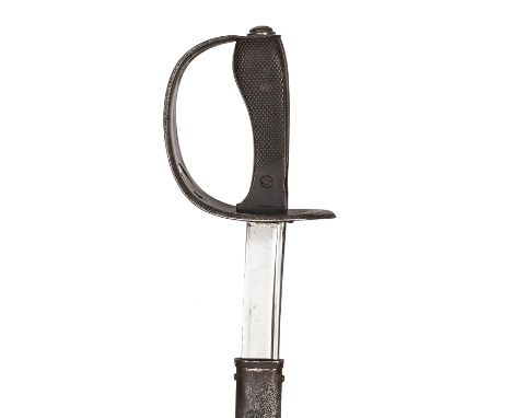 A Turkish cavalry sword, slightly curved, pipe backed blade 33”, with Arabic inscriptions at forte and date 1325AH (1909), sh