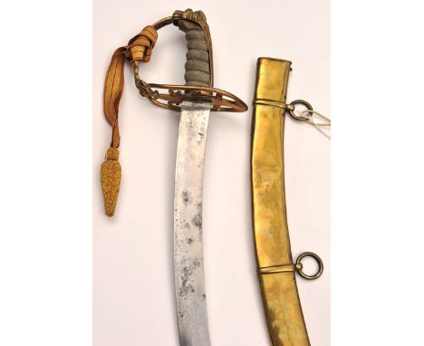 A Geo light company field officer’s sword, curved, flat blade 27”, DE at point, etched (faint) with crowned R Arms, crowned G