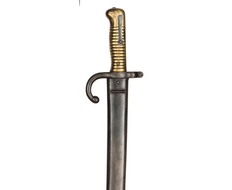 A good Chassepot bayonet, d 1874, in scabbard with matching nos to hilt, FG 96889. Near VGC, retaining most original finish. 