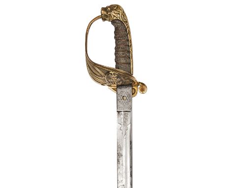 A Vic RN officer’s sword, slightly curved, fullered blade 28½”, by Kenning Little Britain London (faint) and etched with nice