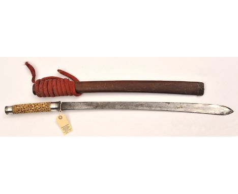 A Burmese sword dha, plain blade 23”, swollen towards tip, ivory grip carved with demons inhabiting stylized foliage, sheet s