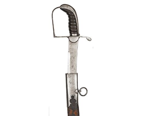 A late 18th century light company officer’s sword, flat, curved blade 30”, DE at point, steel stirrup hilt with shallow lange