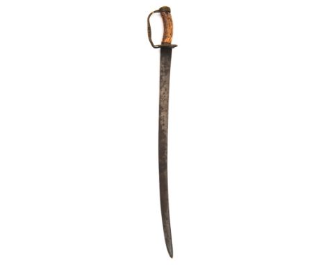 An early 18th century hunting hanger, slightly curved blade 22” with crescent moon and 3 stars mark on each side, the brass h