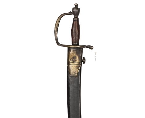 An unusual militia type sidearm c 1800, broad, curved fullered blade 22½”, brass hilt, the heart shaped guard with quillon an