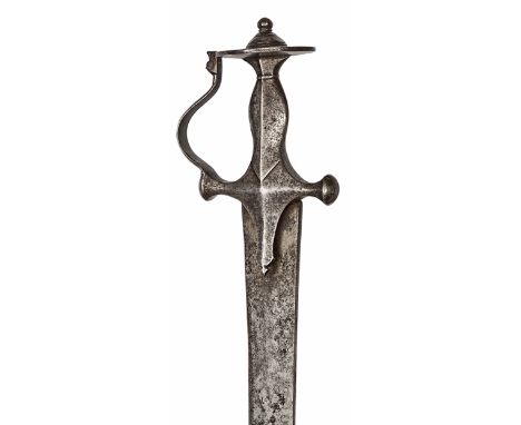 A 19th century Indian sword, tulwar, heavy, slightly curved blade 32”, solid steel hilt of traditional form with langets, stu