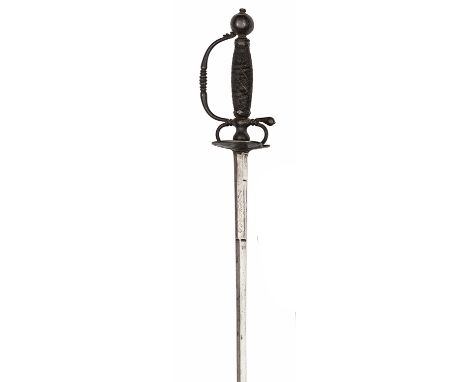 A mid 18th century mourning sword, slender diamond section blade 28”, heavier and flattened section at hilt brass inlaid with