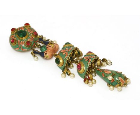 A gilt metal, turquoise, enamel and paste dress clip,designed by Max Boinet for Schiaparelli, stamped 'Made in France', 13cm 