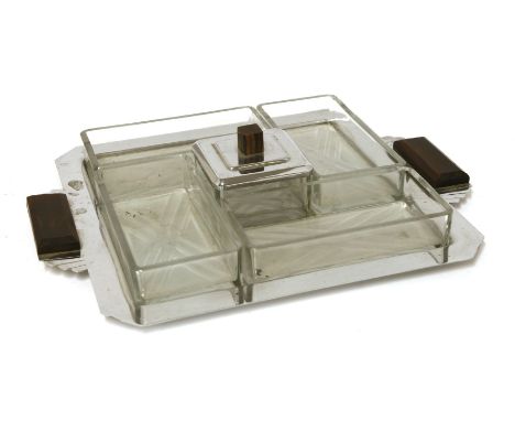 An Art Deco chrome and glass cocktail dish,with coromandel-mounted finial and handles,35cm wide