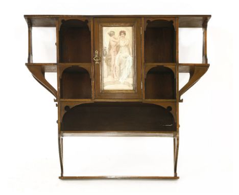 A mahogany wall shelf, centred with a cupboard, mounted with a coloured lithograph of two ladies, 94cm wide17.5cm deep86cm hi