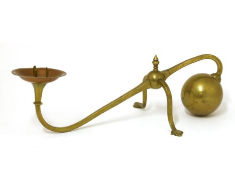 A WAS Benson brass and copper cantilever piano candlestick,stamped 'W A S Benson',33.5cm long10.5cm high