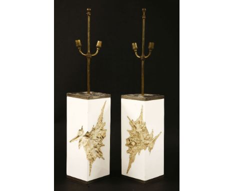 A pair of resin moulded table lamps,with enamel details, each with two lights (2)