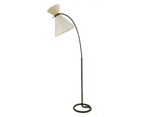 A French metal standard lamp, 1950s, with a double cone shade, 197cm high