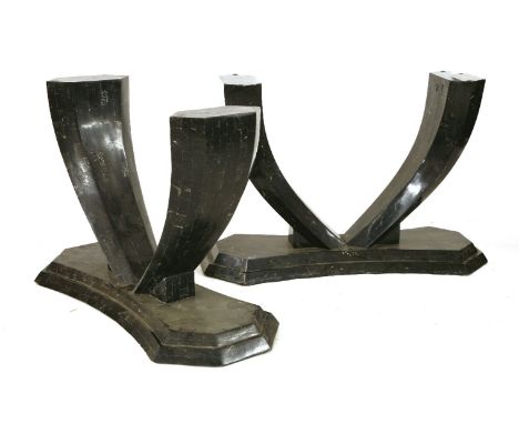 A pair of marbleised mosaic console tables, with bevelled glass tops,125cm wide46cm deep74cm high (2)
