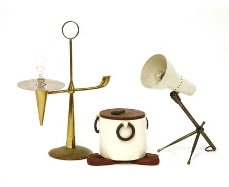 An Italian pottery and leather-mounted jar and cover,a table lamp, with a cream shade, anda brass table lamp (4)