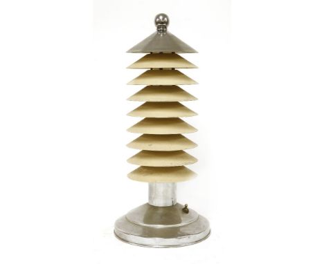 An Italian chrome and painted table lamp, with a ball finial and eight cream conical shades,46cm high
