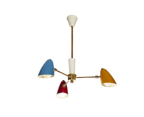 An Italian tricolour enamelled aluminium and brass chandelier, c.1960s, in the manner of Arredoluce, the turned brass stem wi