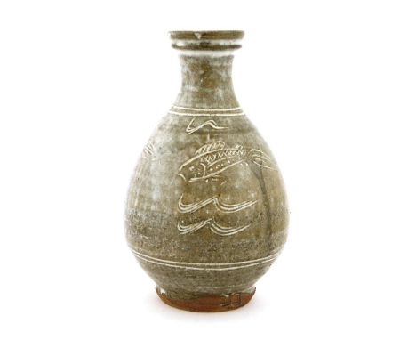 *Jim Malone (b.1946),a white glazed vase, incised with fish, impressed initials and Ainstable seal,27cm high*Artist's Resale 