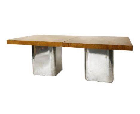A pair of burr ash veneered console tables, on chrome plinths, 106.5cm square73.5cm high (2)