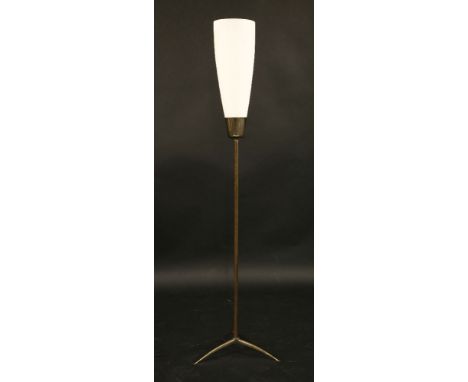 A Stilnovo standard lamp,with a white glass tapering cylindrical shade on a lacquered brass tripod stand,177cm high
