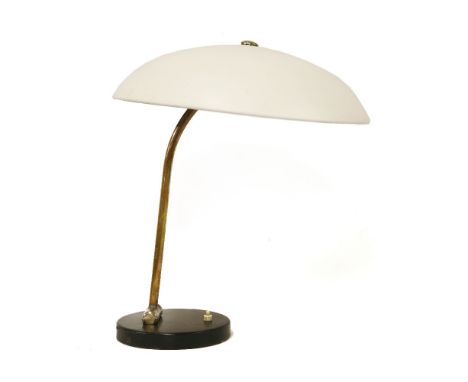 An Italian desk lamp,with an enamelled saucer shade with two fittings, on a cast plinth,41cm high