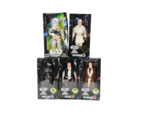 Star Wars - a collection of x5 vintage c1996 Kenner made 12" scale boxed action figures - Han Solo, Obi-Wan Kenobi, Luke Skyw