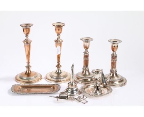 Silver plate on copper, to include pair of candlesticks, pair of telescopic candlesticks, similar chamber stick, candle snuff