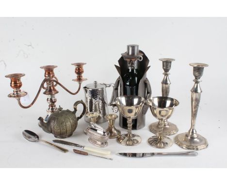 Silver plated ware, to include candlesticks, table lighter, tray, flatware etc.&nbsp;