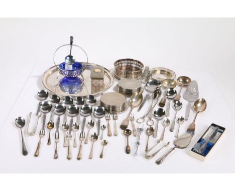 Silver plated wares, to include circular tray, two sets of coasters, sugar bowl with blue glass liner, ladles and other flatw