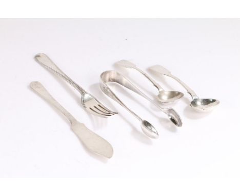 Silver, various dates and makers, to include William IV and Victorian mustard spoons, Victorian dessert fork with beaded hand