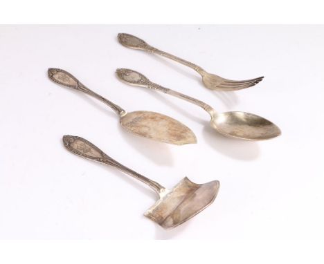 French silver fork and spoon, the handles with cast foliate and scroll decoration, monogrammed AR, similar French silver cake