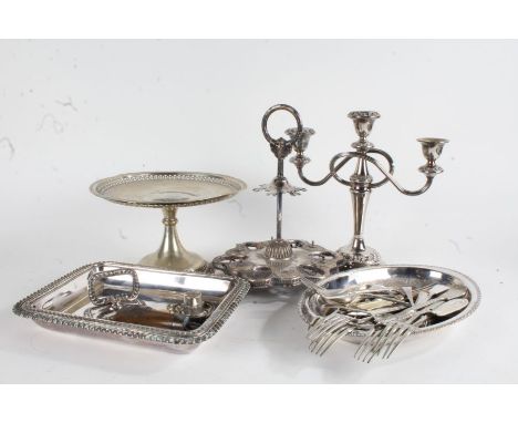 Silver plated ware, to include tazza, tureen and cover with detachable handle, oval serving dish, three branch candelabra, fl