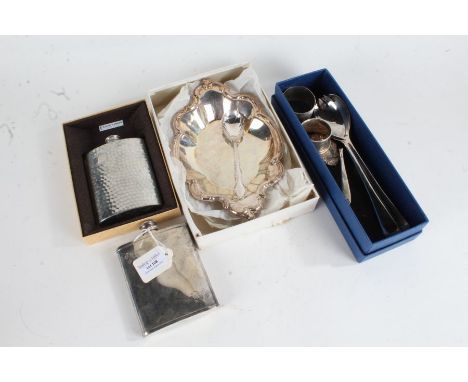 Silver sherry decanter label, silver napkin ring, Lancelot of Sheffield plated hip flask, boxed, silver plated dish and spoon