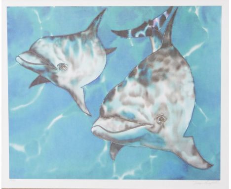 Jean Baptiste color lithography depicting two dolphins. Signed along the lower right and numbered 288/400 along the lower lef