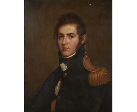 Unsigned portrait of soldier, oil on board. Uniform is Royal Navy, ca. 19th century.Dimensions: Height: 27 1/2 in. x Width: 2