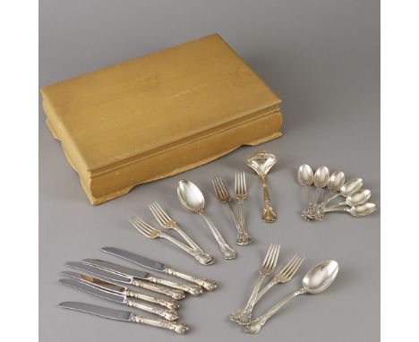 Gorham sterling silver flatware, including six teaspoons, two tablespoons, six dinner forks, and one ladle.  Dimensions: Flat