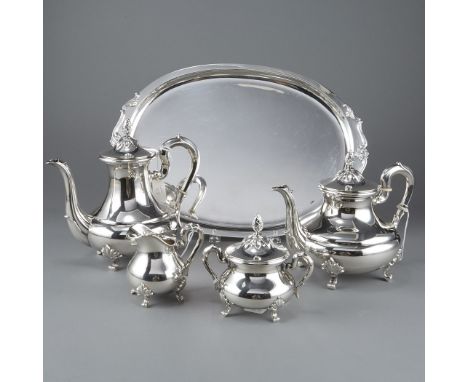 Five piece sterling silver tea service, including two teapots, one sugar bowl, one creamer, and one serving tray. Dimensions: