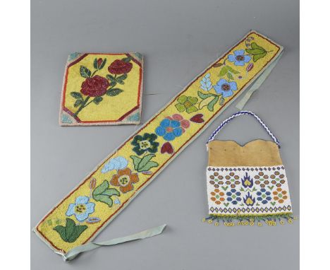 Three Native American beaded objects. One Ojibwe beaded buckskin bag with a scalloped edge and floral motif. Bag has beaded f