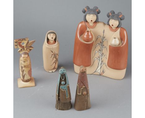 Five ceramic figures of women, by Laura Gachupin (Jemez Pueblo, b. 1954), Darlene Nampeyo (Hopi/Tewa, b. 1956), John Whiteroc