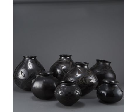 Seven blackware pots in the styles of Nampeyo Hano, Tafoya Santa Clara, Ilia Martinez, Maria and Julian, Maria Nampeyo Hano, 