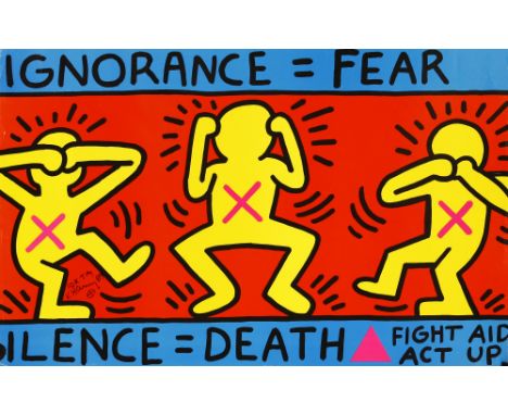 Keith Haring (American, 1958-1990) IGNORANCE = FEAR/ SILENCE = DEATH Offset lithograph printed in colours, 1989, signed, date